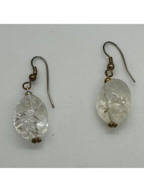 Natural Crystal Dangle Earrings Silvertone Hooks & Bead Accents 1.75 inches